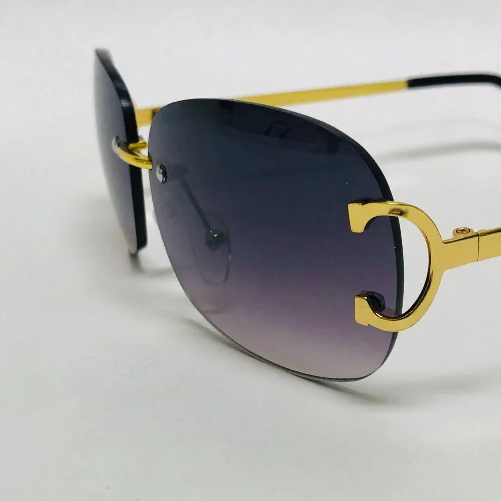 Men Sunglasses Hip Hop Shades Metal Gold Rimless Black Lens Outdoor Street Wear